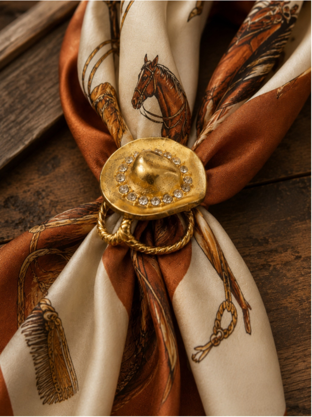Vintage Gold Tone Cowboy Hat Rhinestone Scarf Holder / Scarf Slide